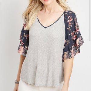 Maurices Boho Chic Gray Mixed Floral Print Ruffle Sleeve Blouse Short Sleeve NWT